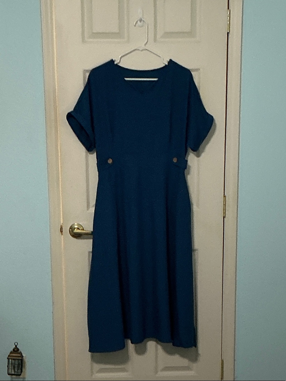Classic Teal Midi Dress with Button-Waist Detail
